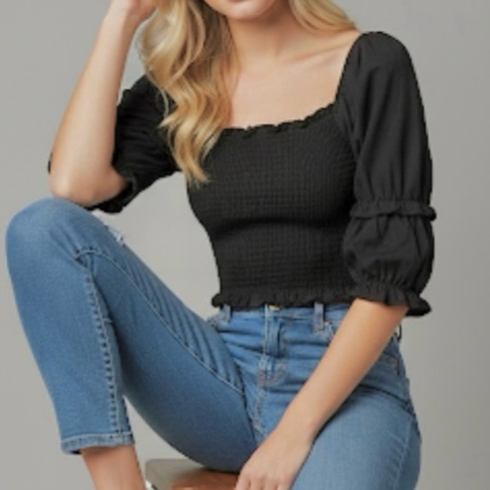 HYFVE Black Crop Top Puff Sleeve Smocked Black S Cottagecore Romantic
